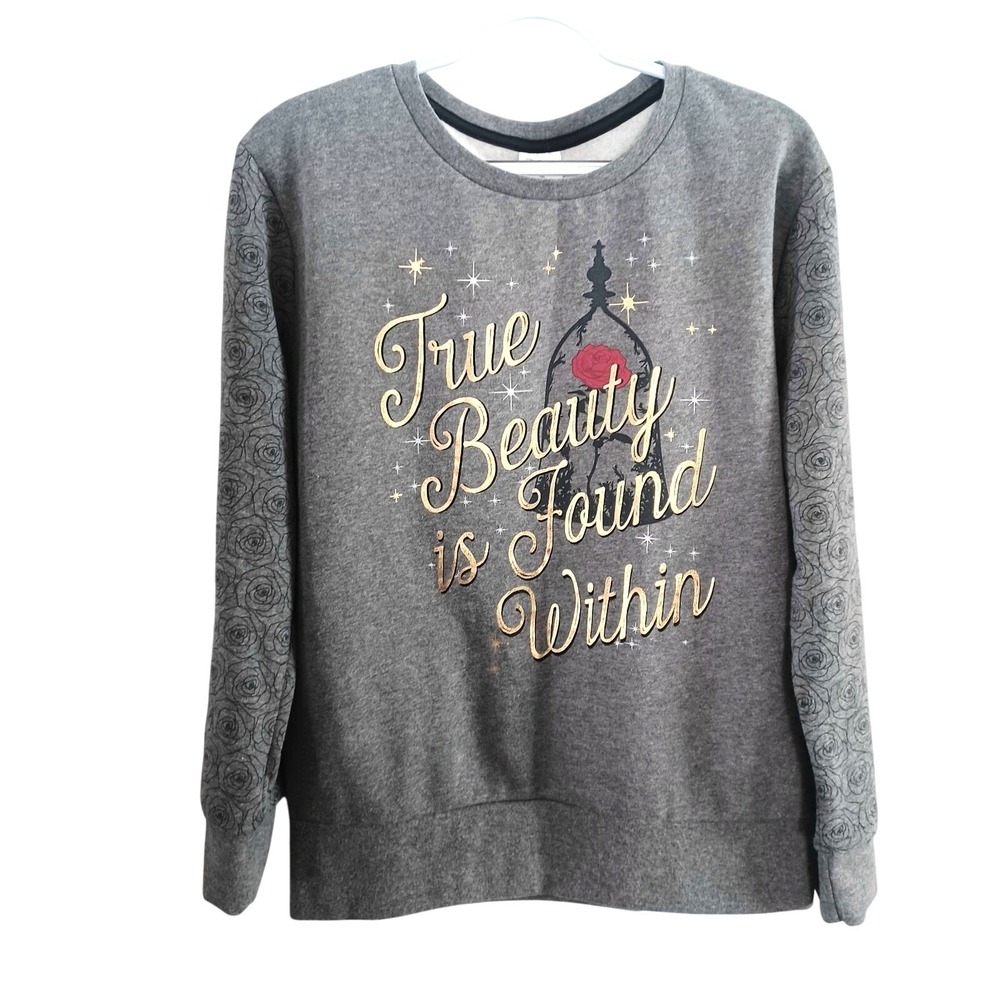 Disney Gray Crewneck Sweatshirt with Gold Script and Red Rose